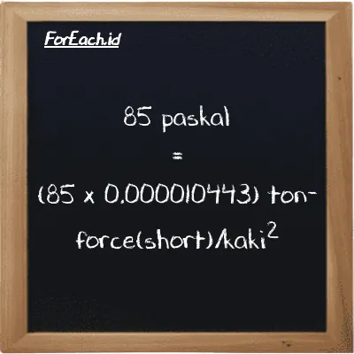 Cara konversi paskal ke ton-force(short)/kaki<sup>2</sup> (Pa ke tf/ft<sup>2</sup>): 85 paskal (Pa) setara dengan 85 dikalikan dengan 0.000010443 ton-force(short)/kaki<sup>2</sup> (tf/ft<sup>2</sup>)